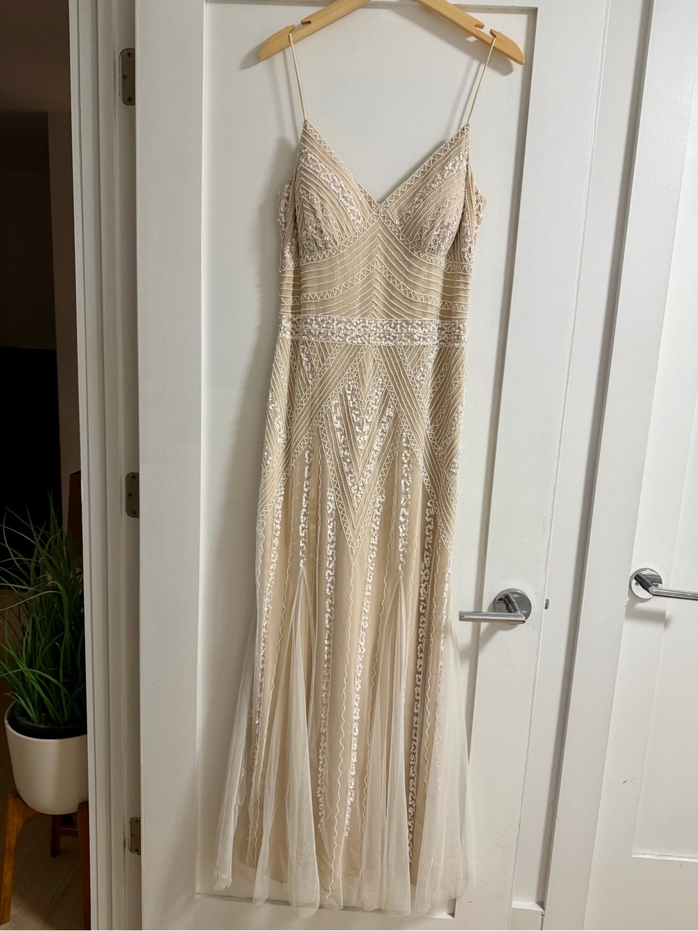 MARINA Beaded Spaghetti-Strap Maxi Dress in Nude